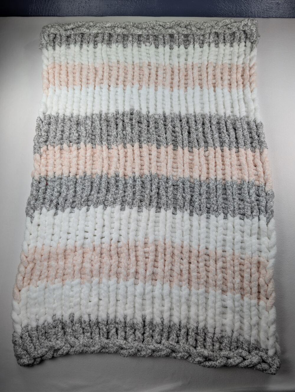 Handmade Chunky Chenille Knit Baby Blanket Gray Blush Pink White 25x40 Cozy